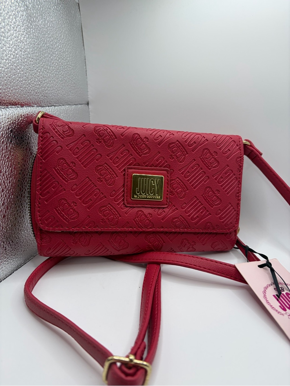 Juicy Couture Red-Pink Embossed Logo Crossbody with Gold Plaque